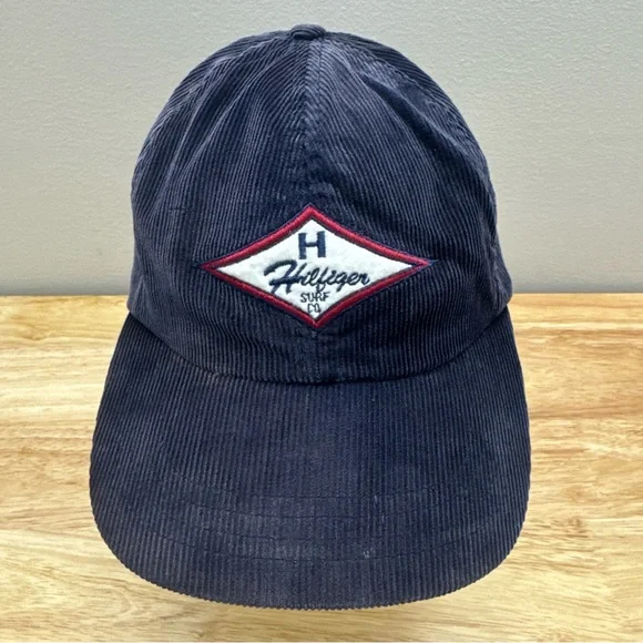 Vintage Tommy Hilfiger Surf Blue Corduroy Hat Embroidered Logo Leather Strapback - Picture 1 of 16